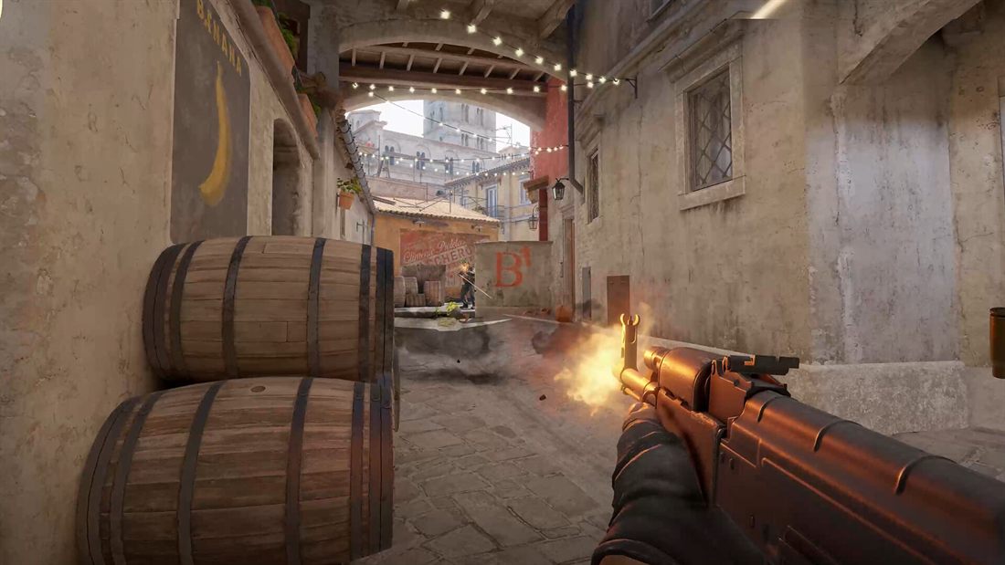 Jogador disparando em um corredor de mapa de Counter-Strike 2